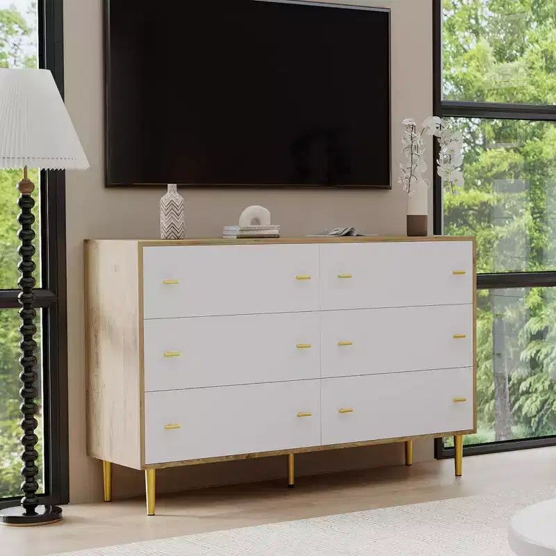 COZONY 47 Farmhouse Dresser with 6 Drawers, Natural Wood Rustic Chest & Bar Handles for Living Room & Bedroom