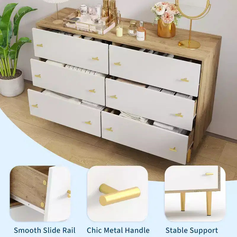 COZONY 47 Farmhouse Dresser with 6 Drawers, Natural Wood Rustic Chest & Bar Handles for Living Room & Bedroom