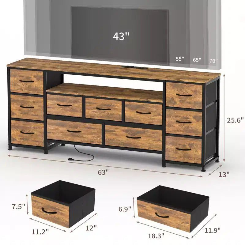 11 Drawer Dresser, 63 Inch TV Stand for 65, 70 Inch TV, Entertainment Center with Storage, Wide Chest of Drawers with Open Shelves for Living Room