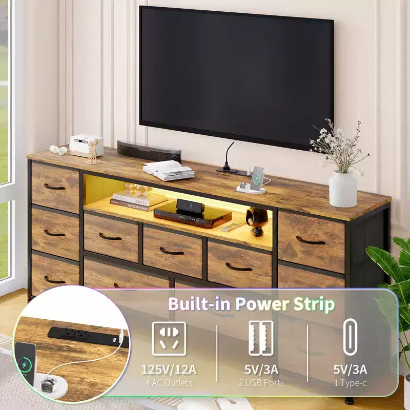 11 Drawer Dresser, 63 Inch TV Stand for 65, 70 Inch TV, Entertainment Center with Storage, Wide Chest of Drawers with Open Shelves for Living Room
