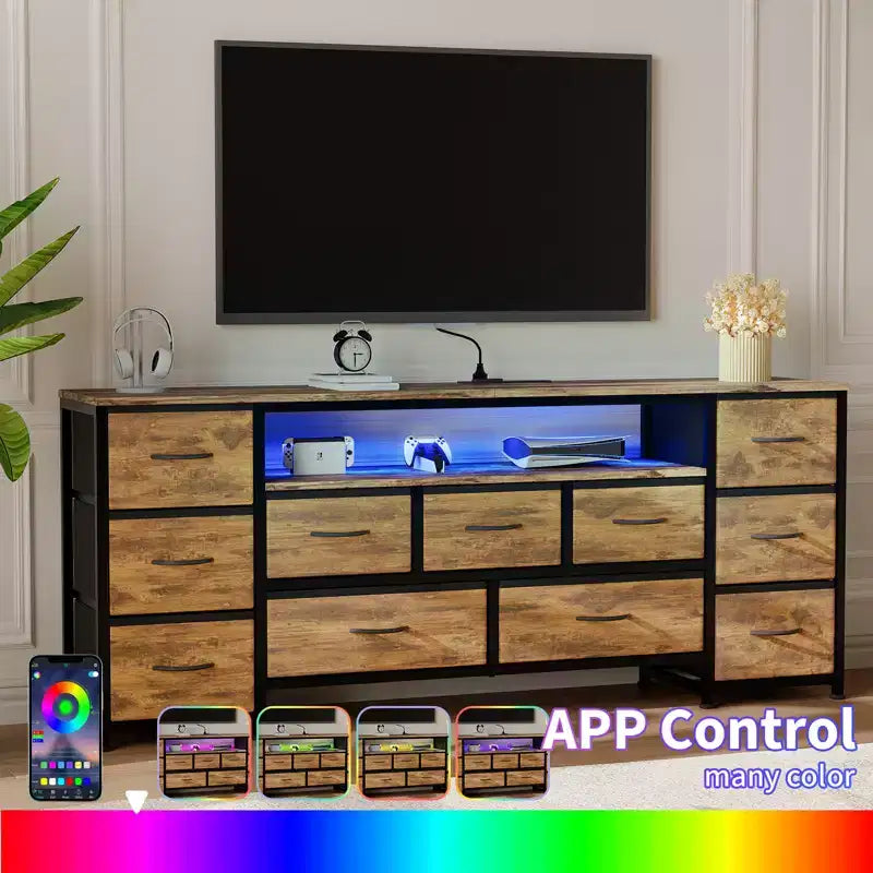 11 Drawer Dresser, 63 Inch TV Stand for 65, 70 Inch TV, Entertainment Center with Storage, Wide Chest of Drawers with Open Shelves for Living Room