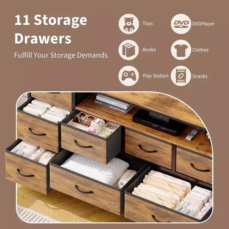 11 Drawer Dresser, 63 Inch TV Stand for 65, 70 Inch TV, Entertainment Center with Storage, Wide Chest of Drawers with Open Shelves for Living Room