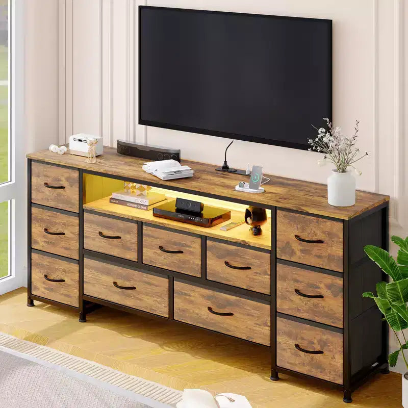 11 Drawer Dresser, 63 Inch TV Stand for 65, 70 Inch TV, Entertainment Center with Storage, Wide Chest of Drawers with Open Shelves for Living Room