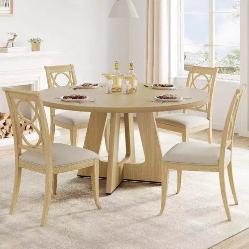 47 Round Dining Table Set for 4-6 People, 47.2 Inches Circle Kitchen Dinner Table with Wooden Top and Pedestal Base
