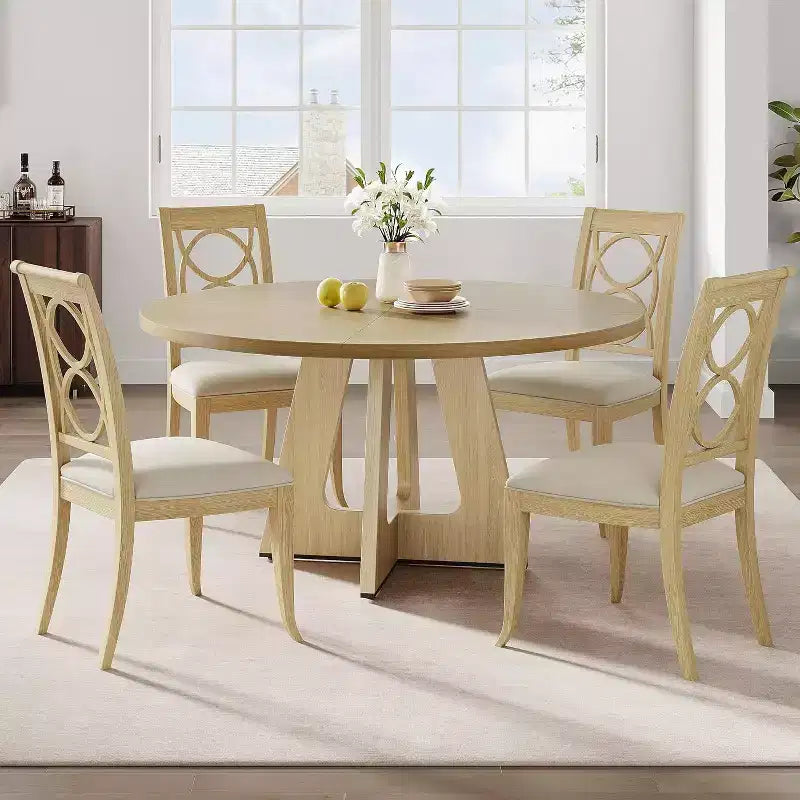 47 Round Dining Table Set for 4-6 People, 47.2 Inches Circle Kitchen Dinner Table with Wooden Top and Pedestal Base
