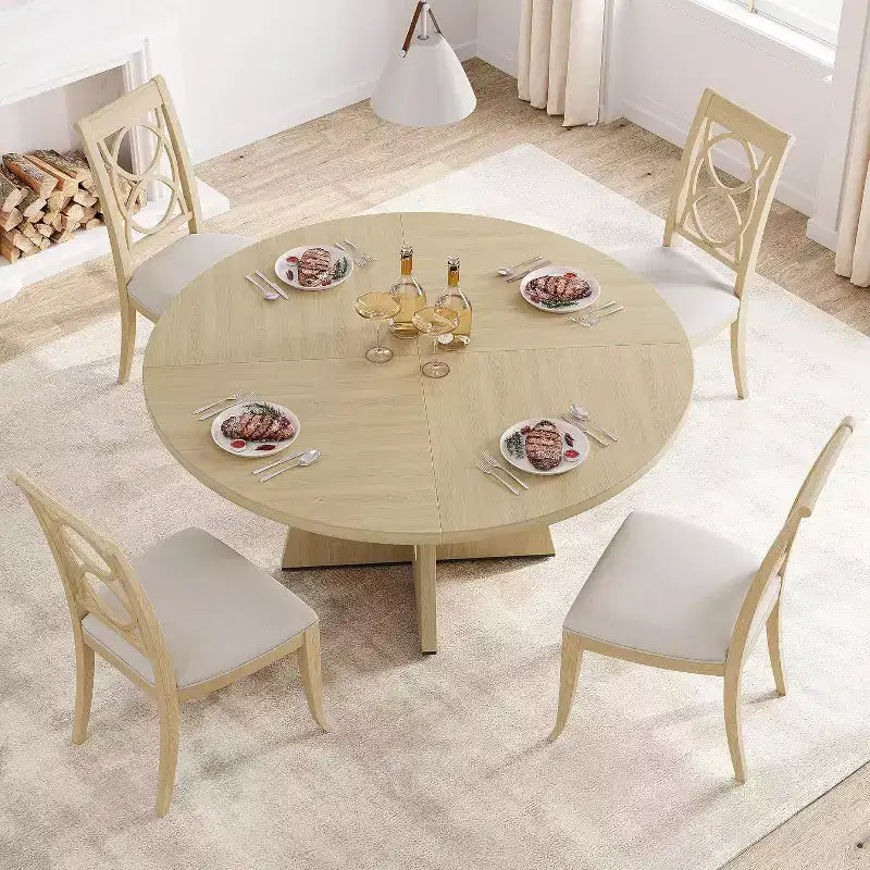 47 Round Dining Table Set for 4-6 People, 47.2 Inches Circle Kitchen Dinner Table with Wooden Top and Pedestal Base