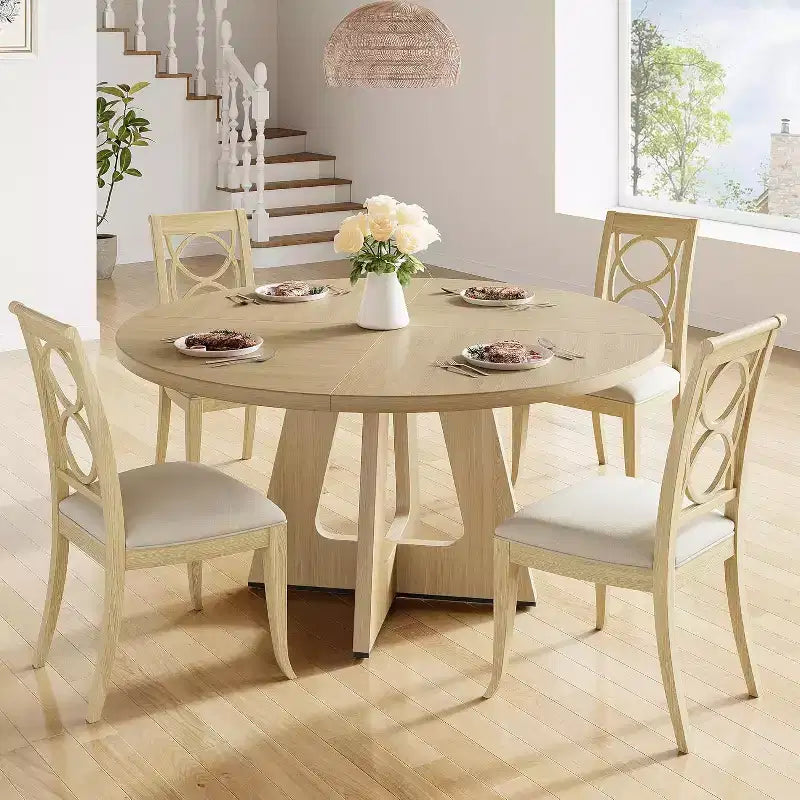 47 Round Dining Table Set for 4-6 People, 47.2 Inches Circle Kitchen Dinner Table with Wooden Top and Pedestal Base
