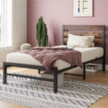 MAYEERTY Twin Size Platform Bed Frame with Rustic Wood Headboard, Strong Metal Slats No Box Spring Needed