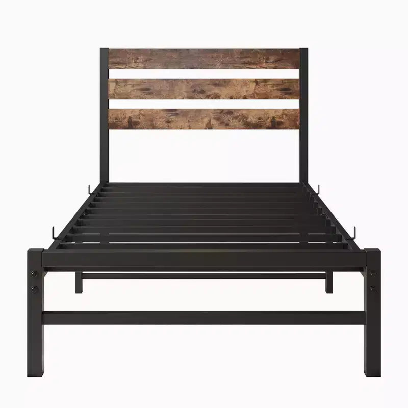 MAYEERTY Twin Size Platform Bed Frame with Rustic Wood Headboard, Strong Metal Slats No Box Spring Needed