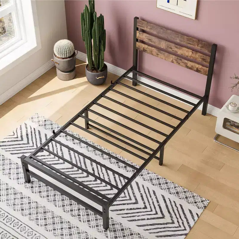 MAYEERTY Twin Size Platform Bed Frame with Rustic Wood Headboard, Strong Metal Slats No Box Spring Needed