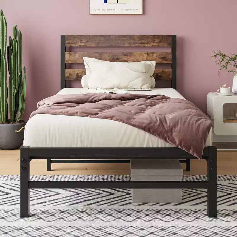 MAYEERTY Twin Size Platform Bed Frame with Rustic Wood Headboard, Strong Metal Slats No Box Spring Needed