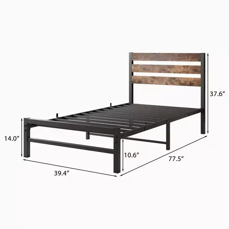 MAYEERTY Twin Size Platform Bed Frame with Rustic Wood Headboard, Strong Metal Slats No Box Spring Needed