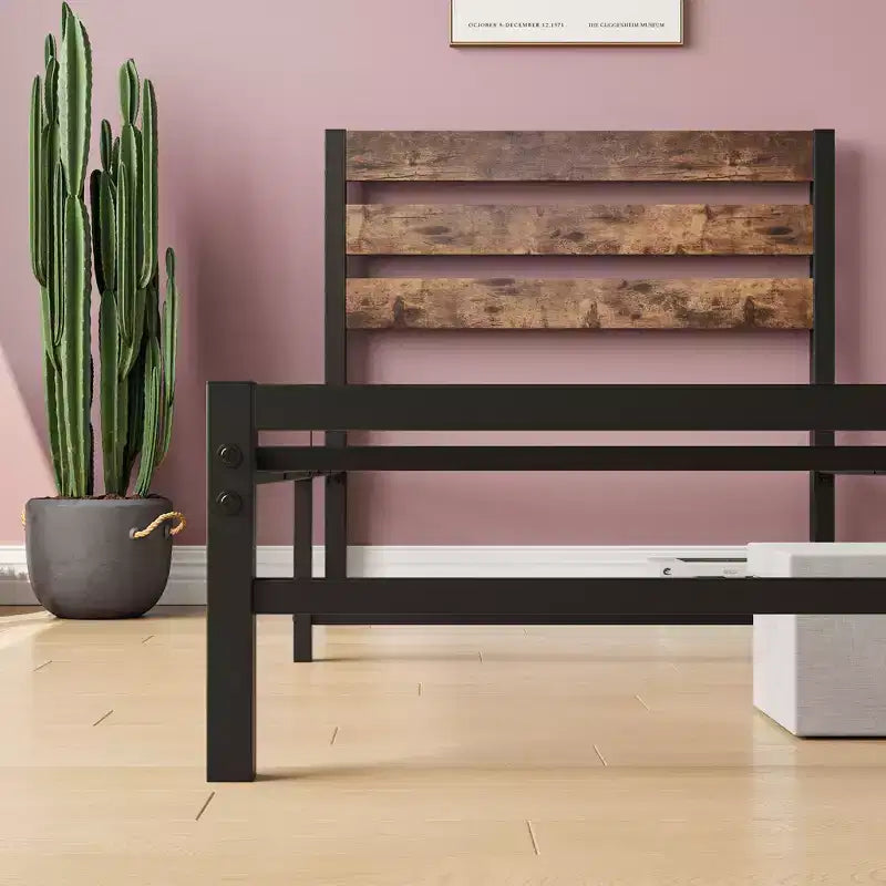 MAYEERTY Twin Size Platform Bed Frame with Rustic Wood Headboard, Strong Metal Slats No Box Spring Needed