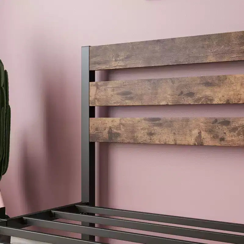 MAYEERTY Twin Size Platform Bed Frame with Rustic Wood Headboard, Strong Metal Slats No Box Spring Needed