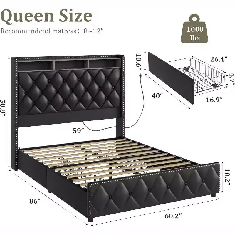 COZONY Queen/King Bed Frame 50.8 Tall Headboard - Velvet/PU Upholstered Platform Bed with 4 Storage Drawers, No Box Spring Needed