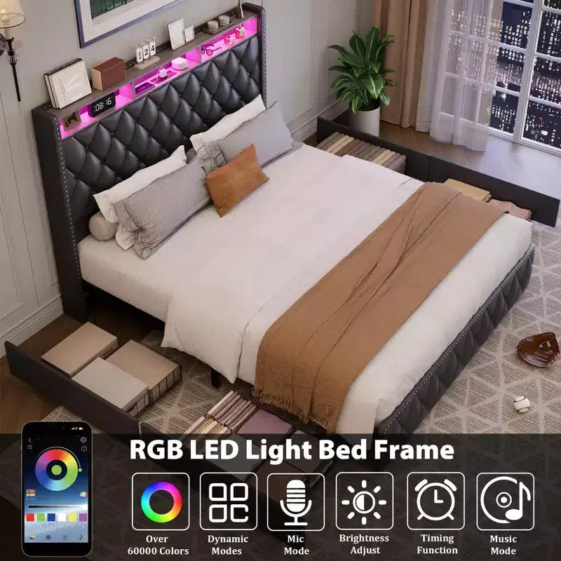 COZONY Queen/King Bed Frame 50.8 Tall Headboard - Velvet/PU Upholstered Platform Bed with 4 Storage Drawers, No Box Spring Needed