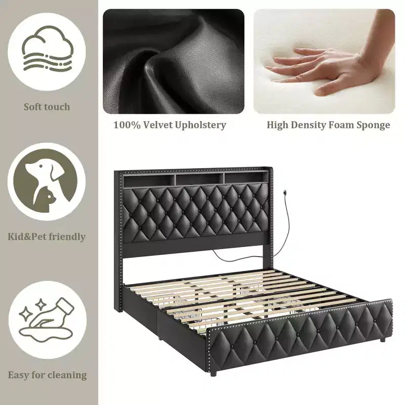 COZONY Queen/King Bed Frame 50.8 Tall Headboard - Velvet/PU Upholstered Platform Bed with 4 Storage Drawers, No Box Spring Needed