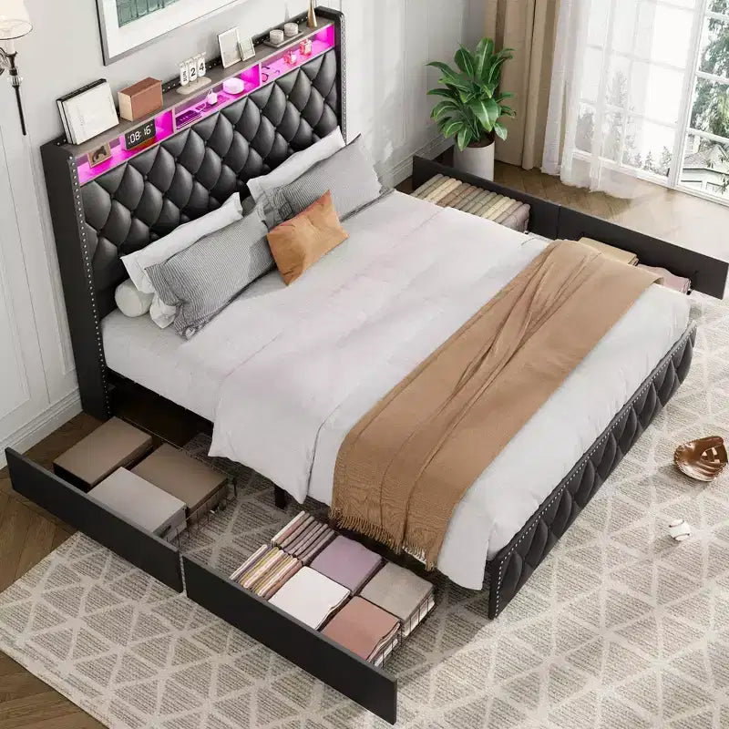 COZONY Queen/King Bed Frame 50.8 Tall Headboard - Velvet/PU Upholstered Platform Bed with 4 Storage Drawers, No Box Spring Needed