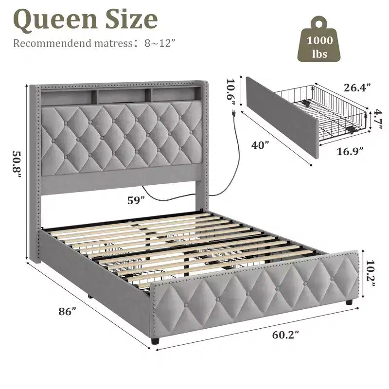 COZONY Queen/King Bed Frame 50.8 Tall Headboard - Velvet/PU Upholstered Platform Bed with 4 Storage Drawers, No Box Spring Needed