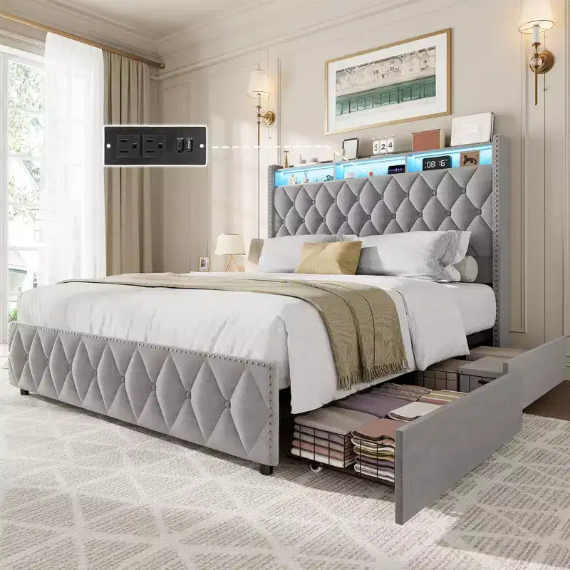 COZONY Queen/King Bed Frame 50.8 Tall Headboard - Velvet/PU Upholstered Platform Bed with 4 Storage Drawers, No Box Spring Needed