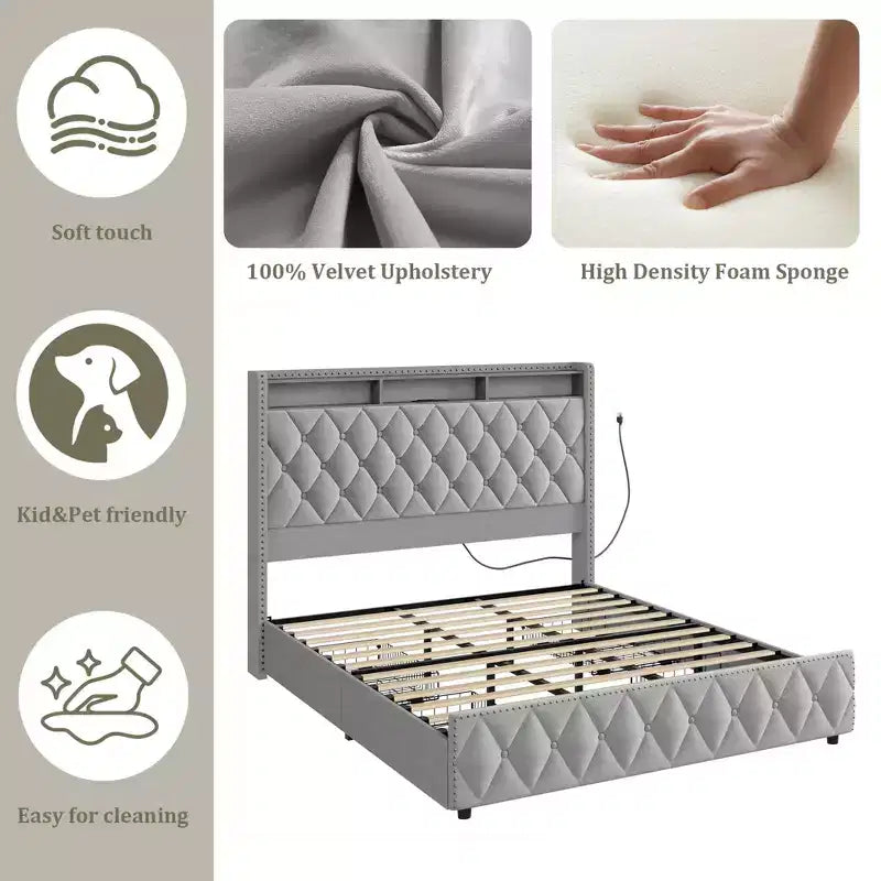 COZONY Queen/King Bed Frame 50.8 Tall Headboard - Velvet/PU Upholstered Platform Bed with 4 Storage Drawers, No Box Spring Needed