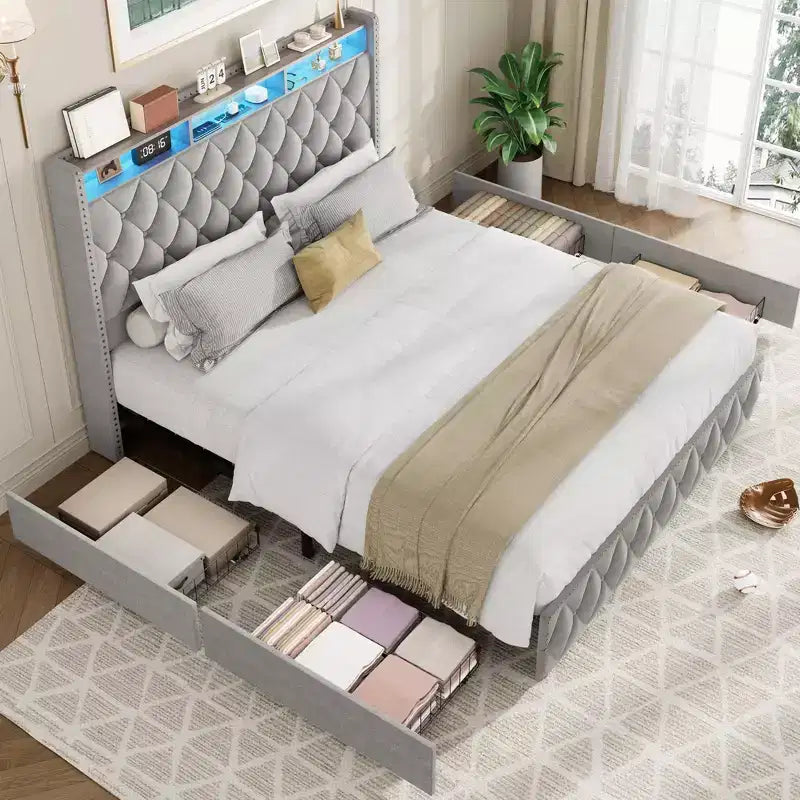 COZONY Queen/King Bed Frame 50.8 Tall Headboard - Velvet/PU Upholstered Platform Bed with 4 Storage Drawers, No Box Spring Needed