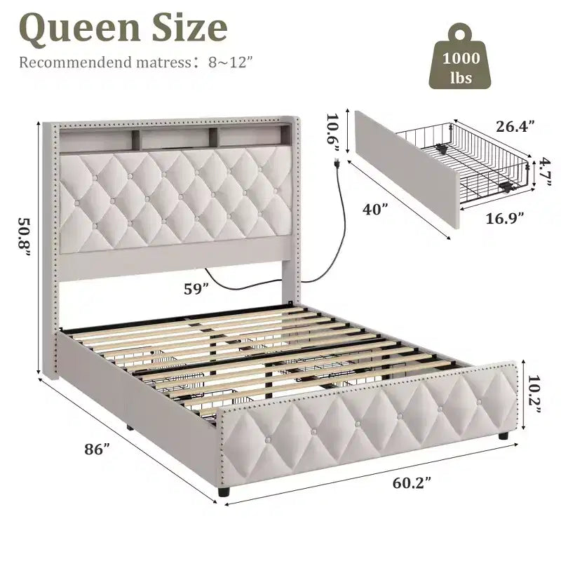 COZONY Queen/King Bed Frame 50.8 Tall Headboard - Velvet/PU Upholstered Platform Bed with 4 Storage Drawers, No Box Spring Needed