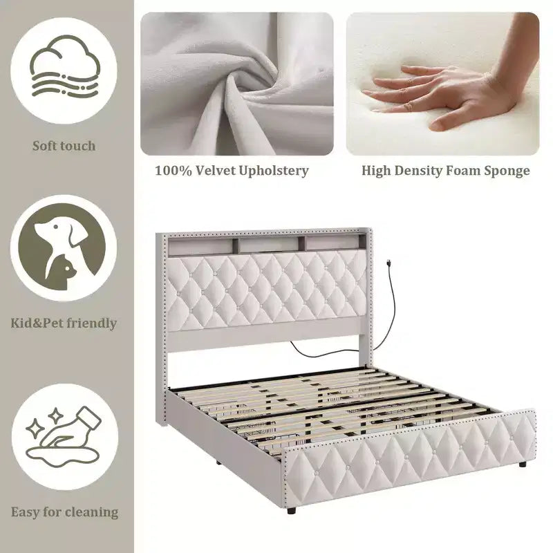 COZONY Queen/King Bed Frame 50.8 Tall Headboard - Velvet/PU Upholstered Platform Bed with 4 Storage Drawers, No Box Spring Needed