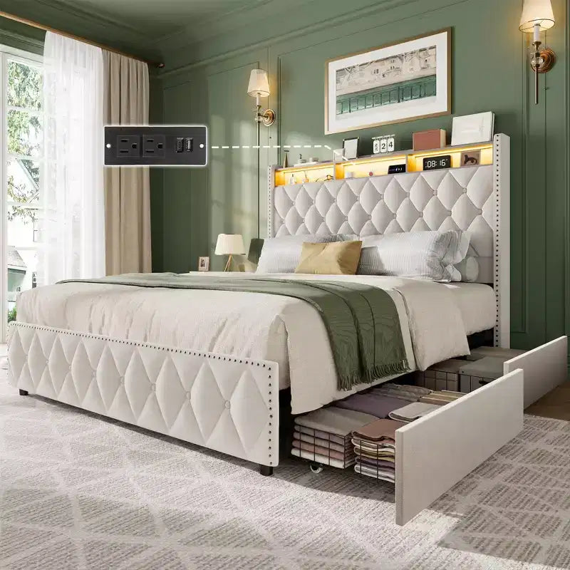COZONY Queen/King Bed Frame 50.8 Tall Headboard - Velvet/PU Upholstered Platform Bed with 4 Storage Drawers, No Box Spring Needed