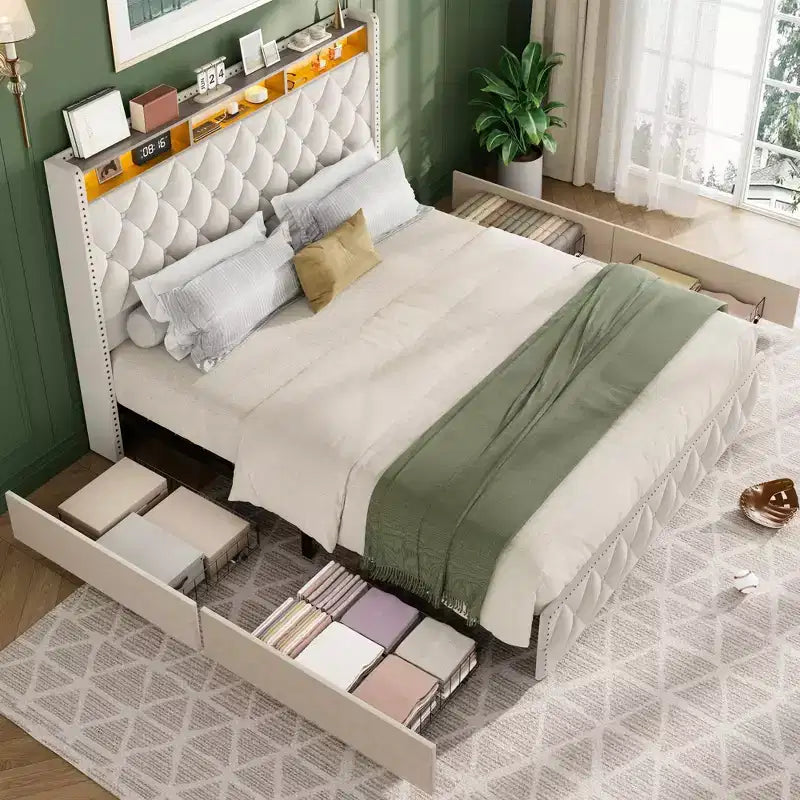 COZONY Queen/King Bed Frame 50.8 Tall Headboard - Velvet/PU Upholstered Platform Bed with 4 Storage Drawers, No Box Spring Needed