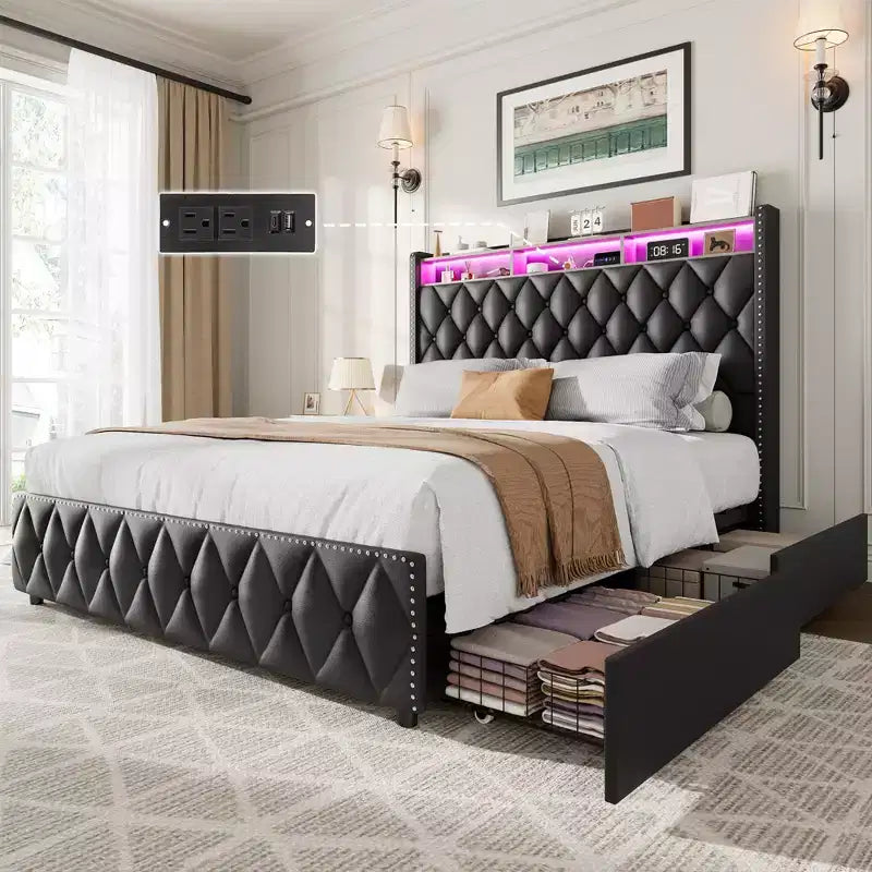 COZONY Queen/King Bed Frame 50.8 Tall Headboard - Velvet/PU Upholstered Platform Bed with 4 Storage Drawers, No Box Spring Needed