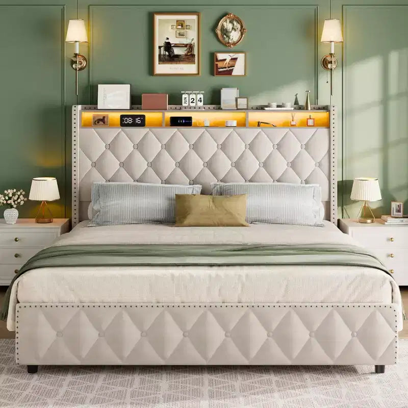 COZONY Queen/King Bed Frame 50.8 Tall Headboard - Velvet/PU Upholstered Platform Bed with 4 Storage Drawers, No Box Spring Needed