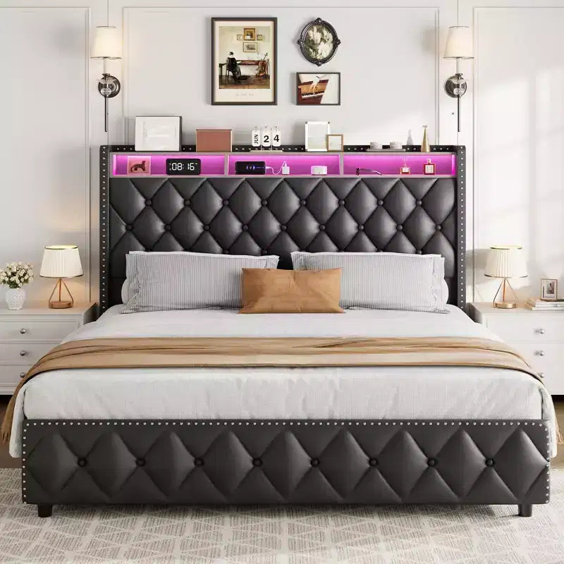 COZONY Queen/King Bed Frame 50.8 Tall Headboard - Velvet/PU Upholstered Platform Bed with 4 Storage Drawers, No Box Spring Needed