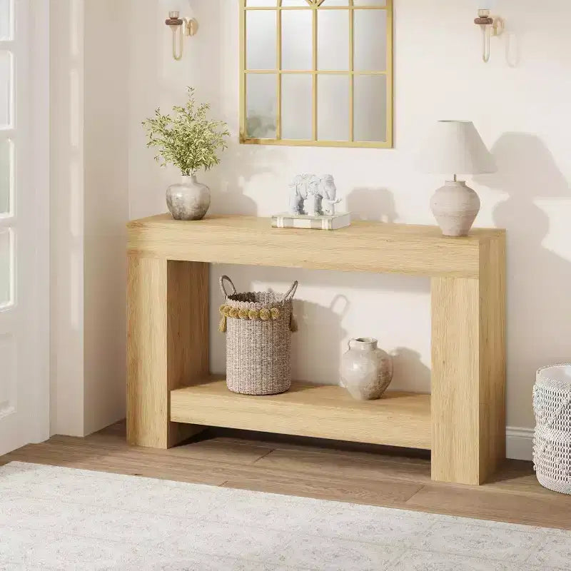 47.2 Farmhouse Console Table - 2-Tier Narrow Entryway Table with H-Shaped Base | Natural Wood Sofa/Hallway Accent Table for Living Room