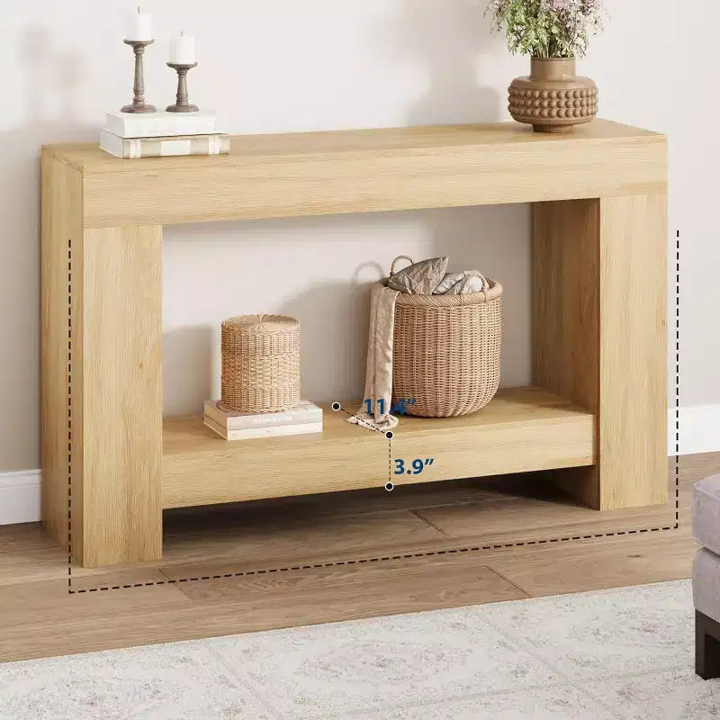 47.2 Farmhouse Console Table - 2-Tier Narrow Entryway Table with H-Shaped Base | Natural Wood Sofa/Hallway Accent Table for Living Room