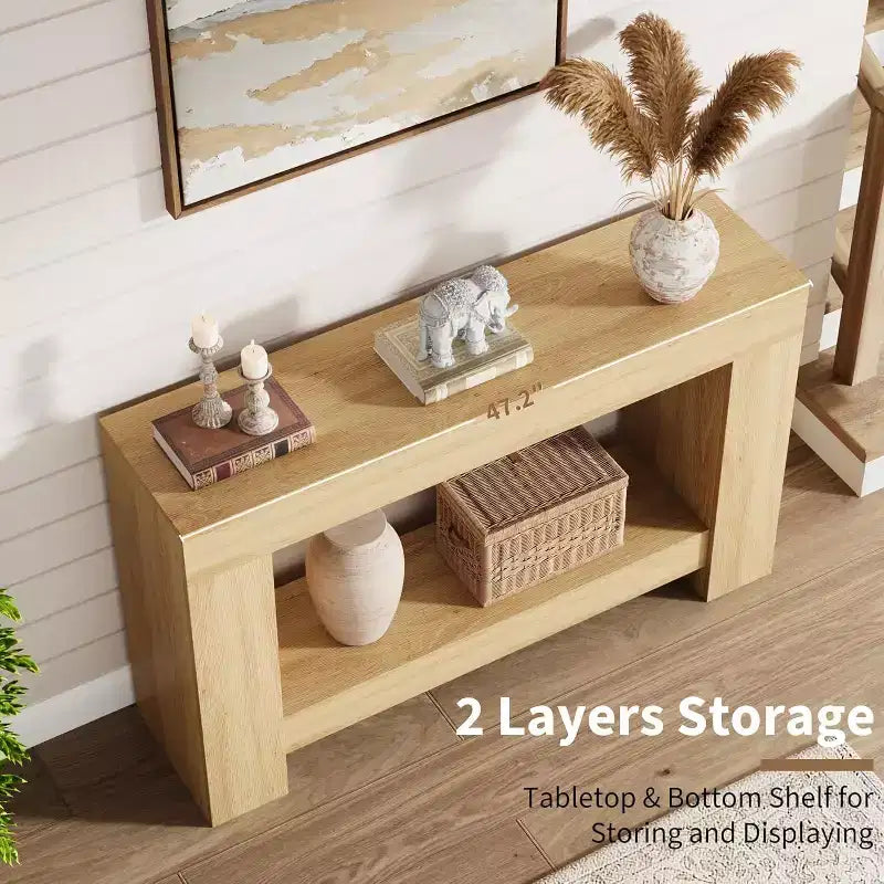 47.2 Farmhouse Console Table - 2-Tier Narrow Entryway Table with H-Shaped Base | Natural Wood Sofa/Hallway Accent Table for Living Room