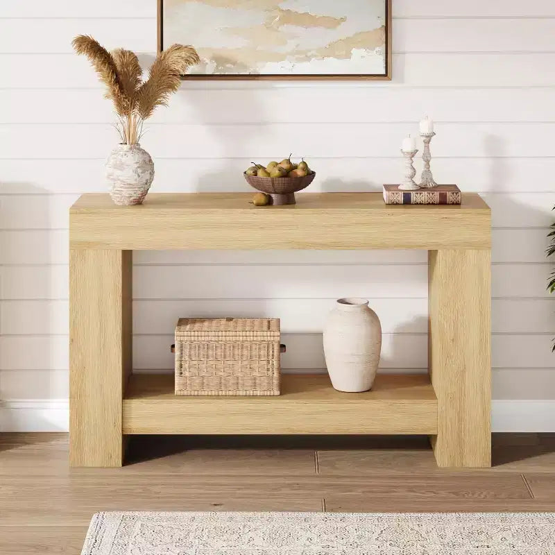 47.2 Farmhouse Console Table - 2-Tier Narrow Entryway Table with H-Shaped Base | Natural Wood Sofa/Hallway Accent Table for Living Room