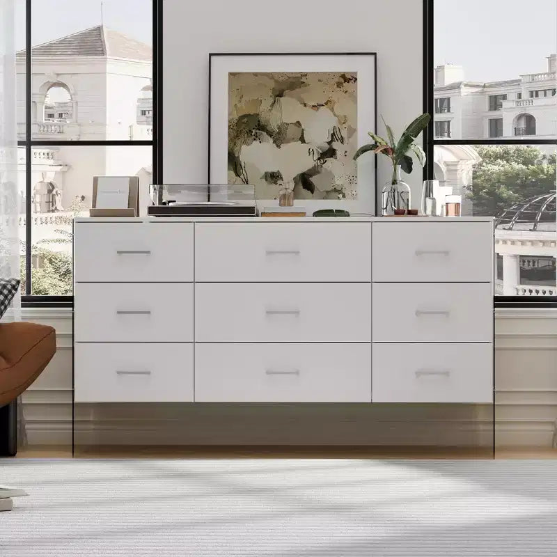 Hitow White 9-Drawer Dresser with Tempered Glass High Legs Floating Visual Effect + Anti-Tipping Design