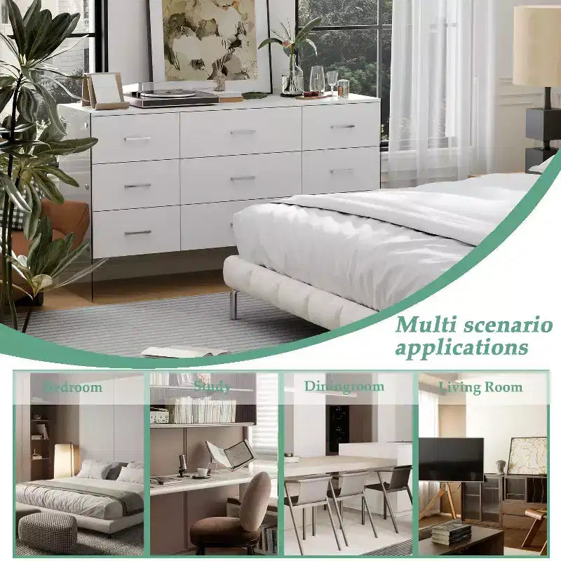 Hitow White 9-Drawer Dresser with Tempered Glass High Legs Floating Visual Effect + Anti-Tipping Design