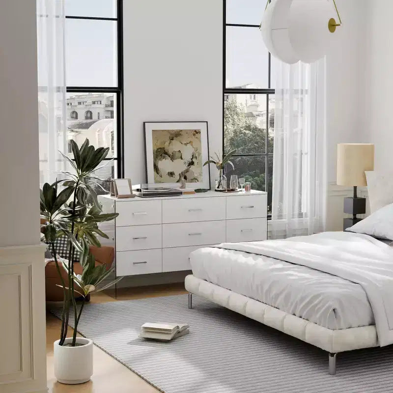 Hitow White 9-Drawer Dresser with Tempered Glass High Legs Floating Visual Effect + Anti-Tipping Design