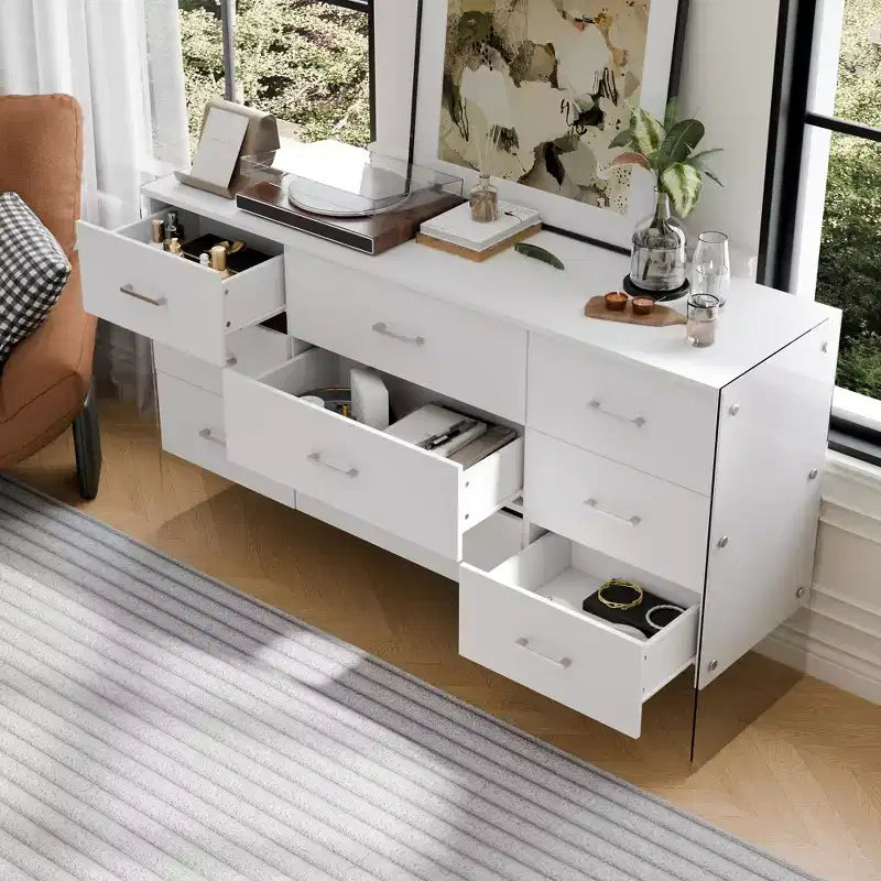 Hitow White 9-Drawer Dresser with Tempered Glass High Legs Floating Visual Effect + Anti-Tipping Design