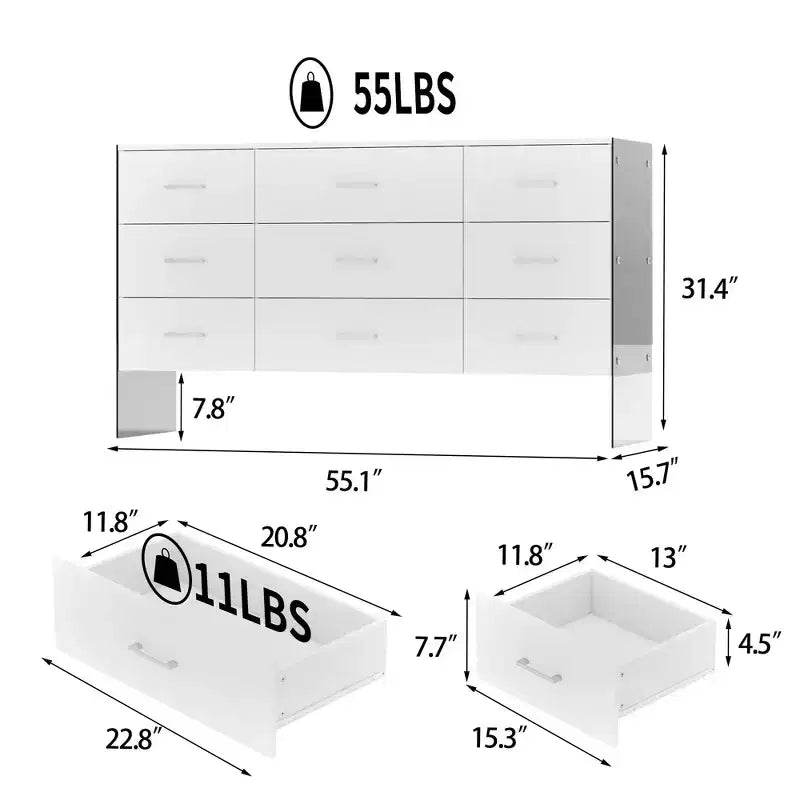 Hitow White 9-Drawer Dresser with Tempered Glass High Legs Floating Visual Effect + Anti-Tipping Design
