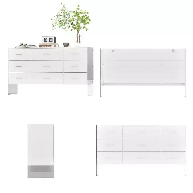 Hitow White 9-Drawer Dresser with Tempered Glass High Legs Floating Visual Effect + Anti-Tipping Design