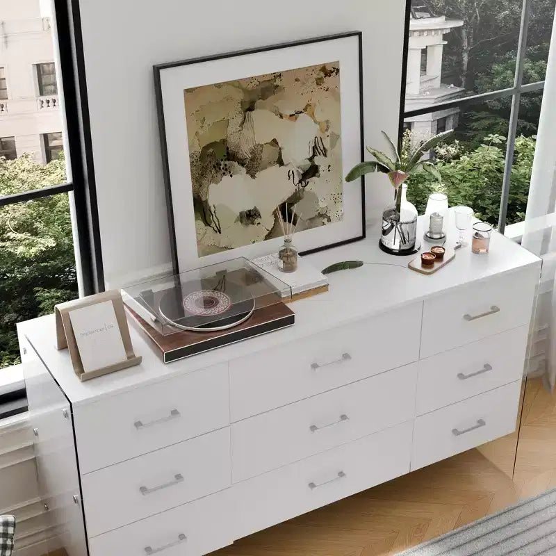 Hitow White 9-Drawer Dresser with Tempered Glass High Legs Floating Visual Effect + Anti-Tipping Design
