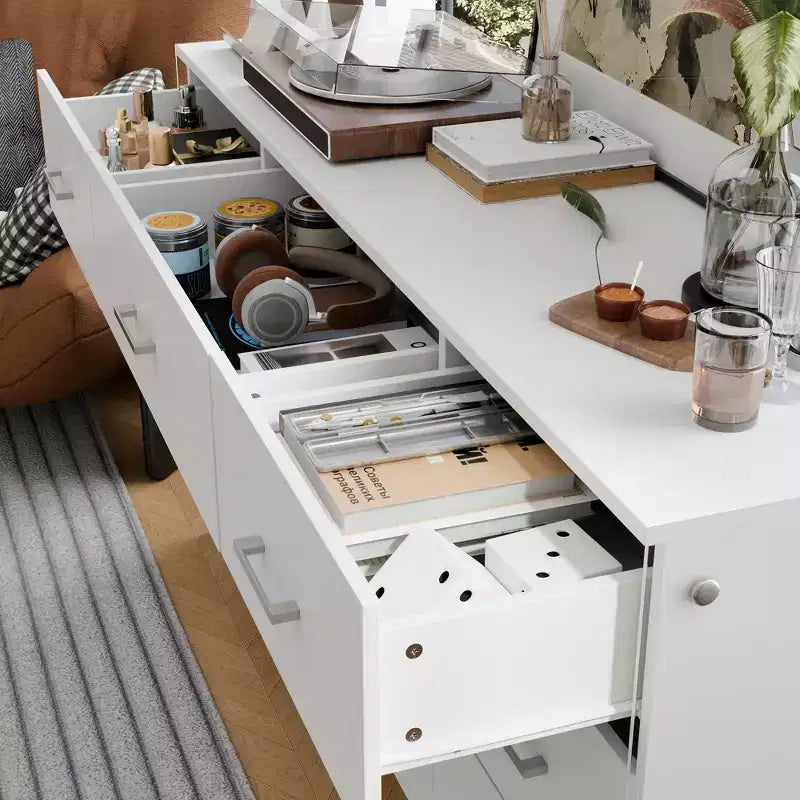 Hitow White 9-Drawer Dresser with Tempered Glass High Legs Floating Visual Effect + Anti-Tipping Design