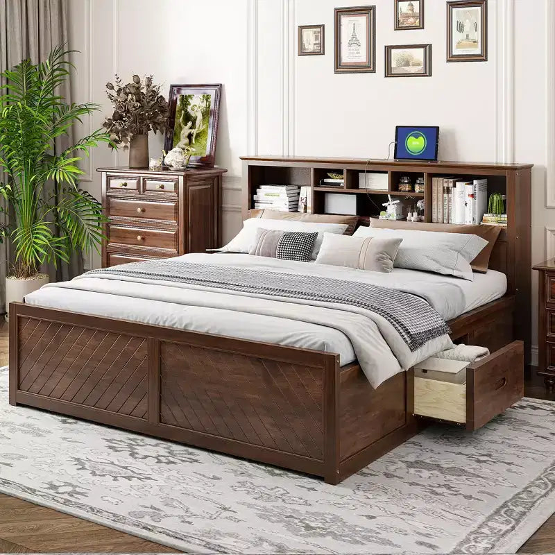 GDFStudio Alvarez Wood Platform Bed with Multi-storage Headboard, USB and Drawers