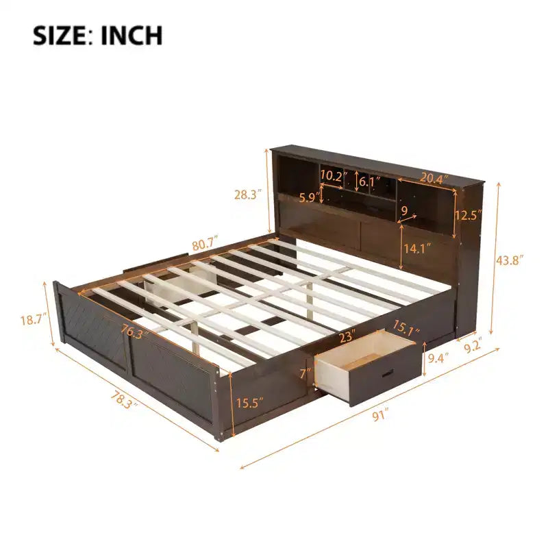 GDFStudio Alvarez Wood Platform Bed with Multi-storage Headboard, USB and Drawers