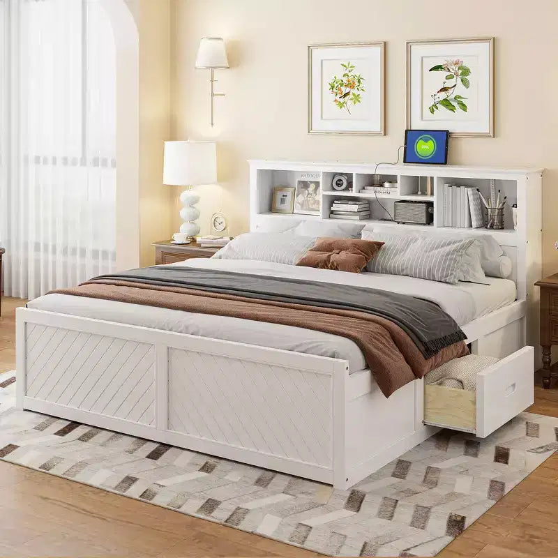 GDFStudio Alvarez Wood Platform Bed with Multi-storage Headboard, USB and Drawers