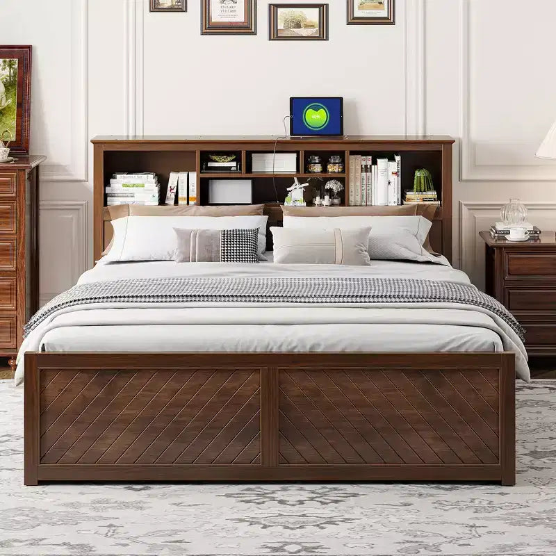 GDFStudio Alvarez Wood Platform Bed with Multi-storage Headboard, USB and Drawers