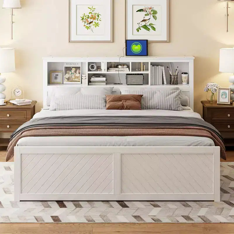 GDFStudio Alvarez Wood Platform Bed with Multi-storage Headboard, USB and Drawers